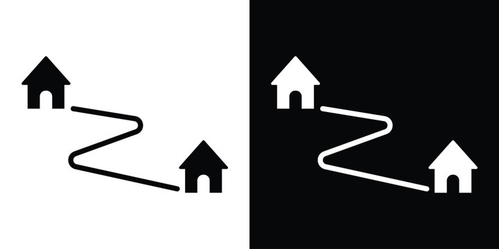 Residential path icon connecting two house symbols. Represents neighborhood navigation, real estate location, home delivery services, and community mapping.