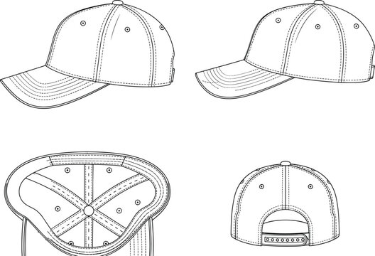Baseball cap technical drawing set, blank snapback hat template, front, side, back and bottom views, headwear vector illustration, comma.