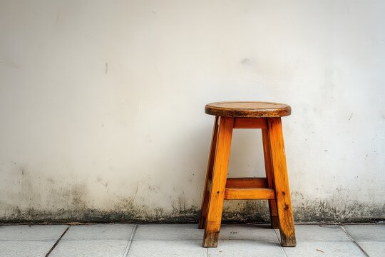 A rustic weathered orange wooden stool stands against a textured off-white concrete wall with speckled dirt and grime at the base on a tiled floor, illuminated by soft natural light