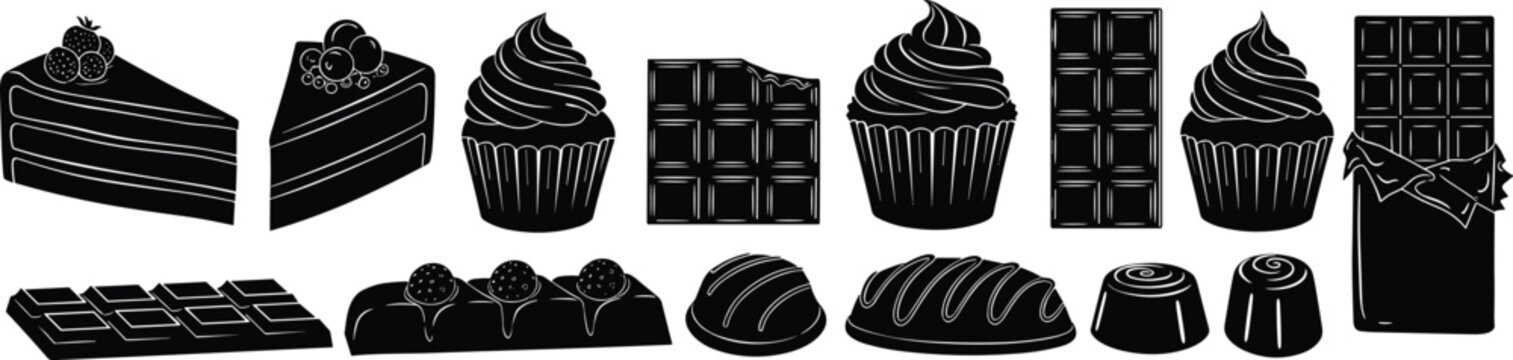 Silhouette Collection of Various Cupcakes and Muffins Featuring Different Frosting Swirls and Toppings for Bakery Menu and Sweet Dessert Design