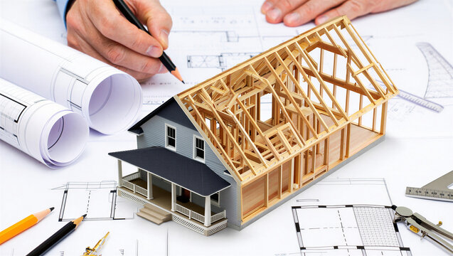 Architectural model of house on blueprints with hands drafting plan