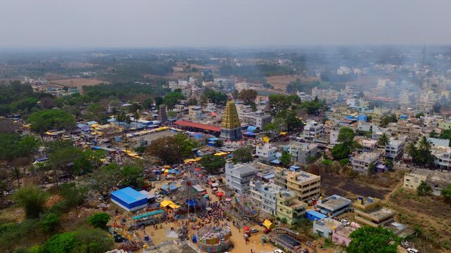 Chikka Tirupati Karnataka India March 2026 Wide aerial view of temple festival and town