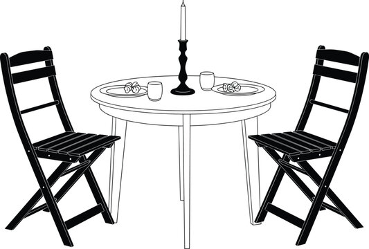 Minimalist black silhouette of dining table with two chairs, plates, cups, and candle, modern vector illustration for restaurant, cafe, interior decor projects