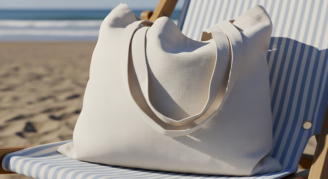 Blank white canvas tote bag resting on beach chair with sand background natural linen cotton fabric shopper promotes zero waste eco-friendly shopping perfect for summer holidays grocery trips tote bag
