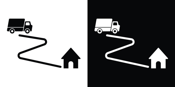 Shipping truck icon moving on a path toward a house. Vector symbol for logistics, e-commerce shipping, home delivery services, and transportation tracking.