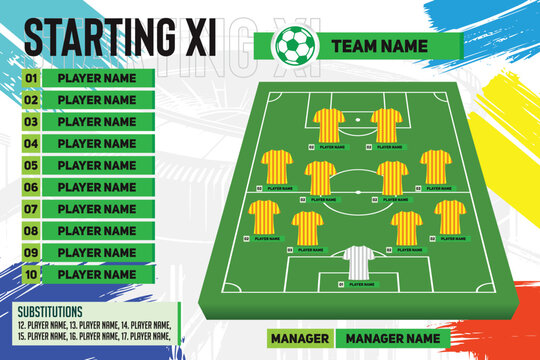 starting XI football formations tactics and planning position. football player name line up on white background vector design