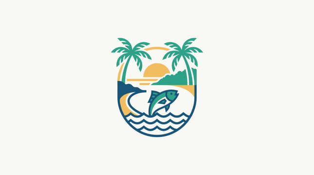 Coastal Fishing Logo with Palm Trees and Sunset