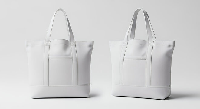 Two white canvas tote bags front back views presented on clean isolated studio background versatile bag mock-up perfect for custom designs branding promotions minimalistic hard-wearing tote bag mockup