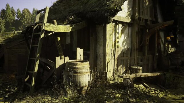 Dilapidated polish homestead at sunset overgrown yard sagging fence collapsed outbuildings tall grass warm backlight melancholic mood wanderer pausing