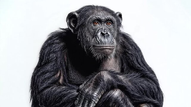 Calm chimpanzee portrait with thoughtful gaze.