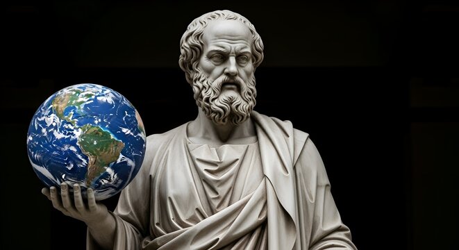 Marble statue of ancient greek philosopher holding earth globe