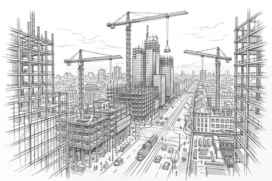 hand drawn city construction sketch with cranes buildings and urban street perspective
