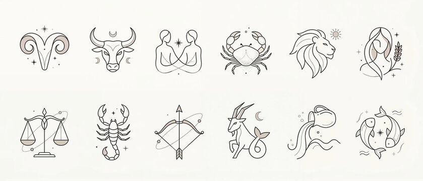 hand drawn zodiac symbols set with figures and decorative elements