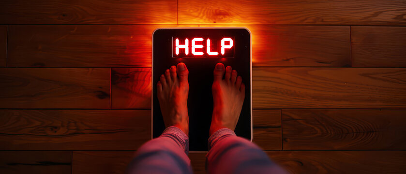 Top view of person standing barefoot on digital bathroom scale with red light display. Concept of weight loss, body control, diet, fitness progress and health monitoring.