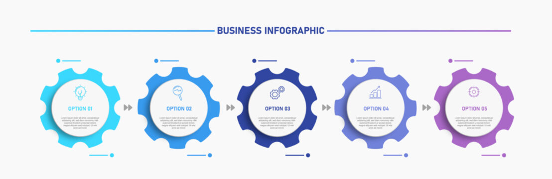 Modern business infographic template featuring five-step process with gear shapes and icons. Clean, minimal, and professional layout with gradient accents.