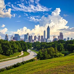 Obraz premium A city skyline with a highway and green trees under a blue sky