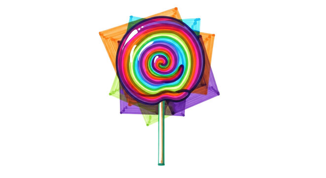Vibrant swirl lollipop candy with colorful square halo effect on png background.