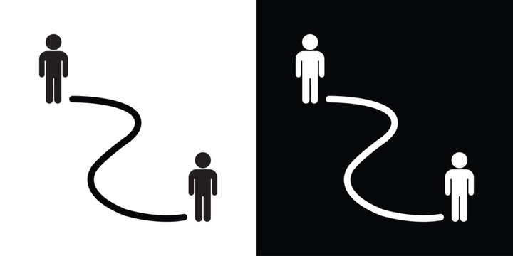 Conceptual vector icon featuring two figures connected by a curved path. Represents spatial relationship, social distancing, journey mapping, or hierarchy in a clean black and white layout.