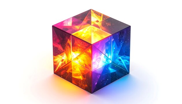 A geometric cube with multifaceted sides. Each face showcases a vivid display of colors, patterns, and celestial elements