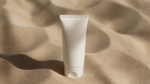 White blank cosmetic tube standing on a beautiful sandy background with elegant shadows moving across the scene, perfect for showcasing spf protection products, creams, or lotions