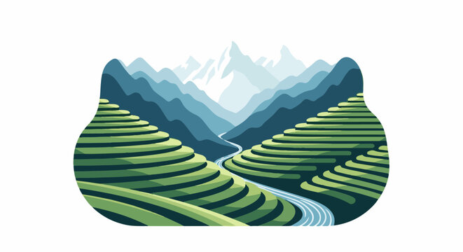 Lush green terraced hills descend to a winding river in a majestic mountain valley