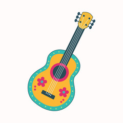 Naklejka premium Vibrant Mexican Guitar with Floral Decorations and Traditional Ornaments