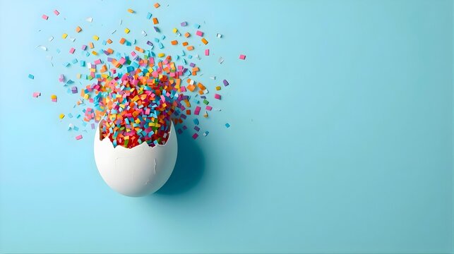 Cracked white eggshell exploding with colorful paper confetti