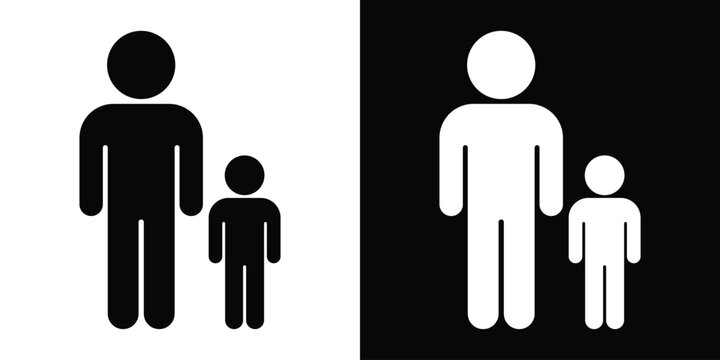 Flat vector illustration of an adult man standing next to a small child. Symbolizes fatherhood, parenting, mentorship, or family protection. Clean black and white silhouette design.