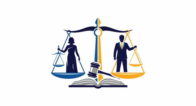 Abstract scales of justice with male and female figures, gavel, and book