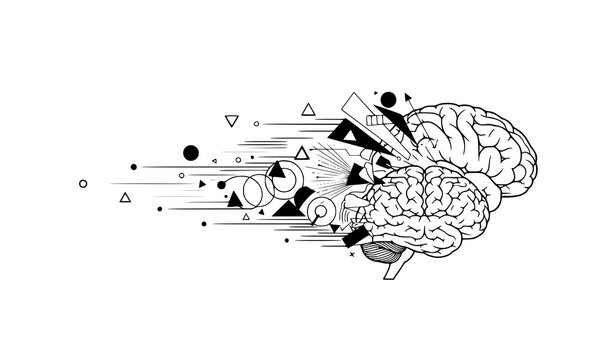 A black and white vector graphic illustration of a brain with geometric shapes and lines radiating from it in a dynamic and abstract design