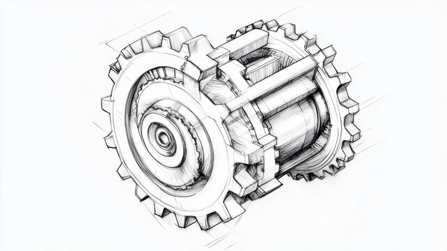 Gear wheel drawing illustration of a single gear wheel highlighting its mechanical teeth and circular structure