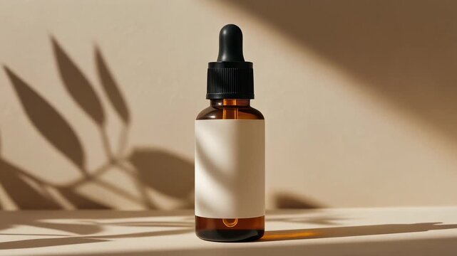 Amber glass dropper bottle with a blank label for a cosmetic serum or oil standing in the sunlight, with soft shadows from a plant leaf moving gently across the beige background