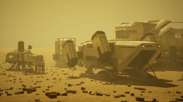 Dropship arrives at dawn on Mars. Cargo delivery lands at first light on Martian soil. Spacecraft releases supplies early morning in desert of Mars