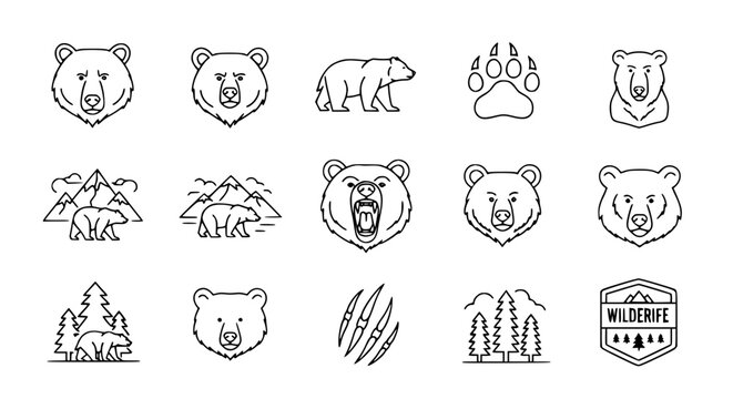 Bear and Wildlife Outline Icon Set with Paw Print Head and Nature Symbols Vector