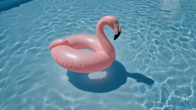 Pink inflatable flamingo floating on clear blue swimming pool water