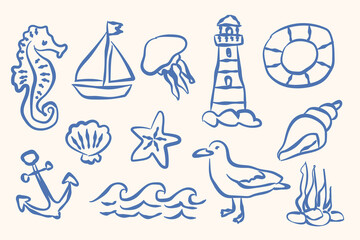 Sea doodle icon set hand drawn naive vector illustration © Victoria