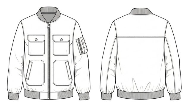 Vector CAD design style illustration of a bomber jacket front and back