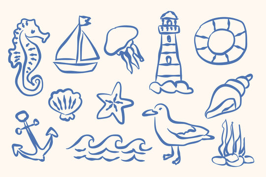 Sea doodle icon set hand drawn naive vector illustration