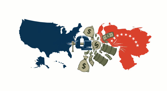 A vise grips a blue outline of the United States, crushing oil barrels and money bags toward a red outline