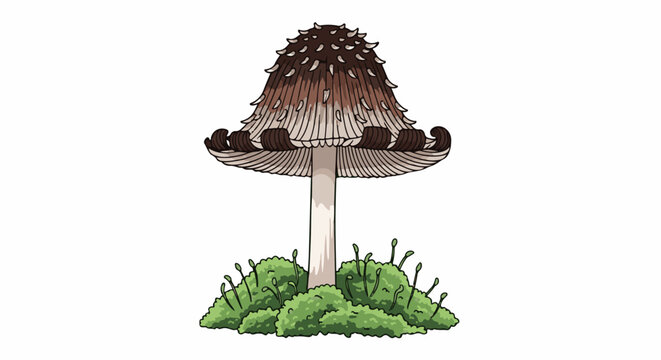 A tall, brown-capped mushroom with white gills grows in green moss