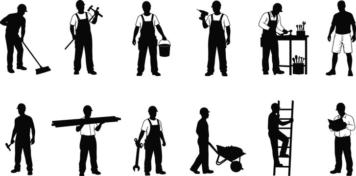 Construction worker silhouettes with tools, ladder, wheelbarrow and equipment, professional builders isolated on white background, industrial labor vector set