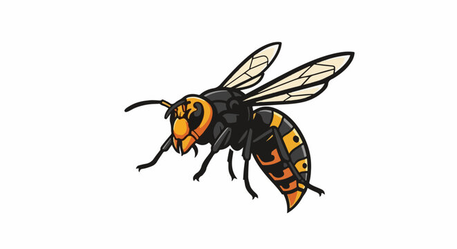 A stylized, black and orange hornet with transparent wings flies isolated on a white background