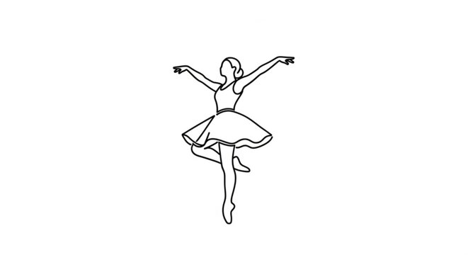 Elegant ballerina in dynamic pose with outstretched arms and flowing skirt dancing alone in a simple background