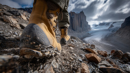 Obraz premium Close-up of high-altitude hiking boots on a rocky path overlooking a massive glacier and granite mountain peaks.