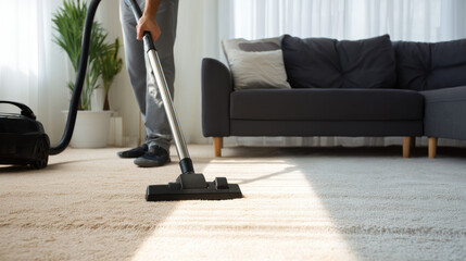 Fototapeta premium Person vacuuming a carpeted floor in a modern, empty living room