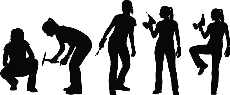 Female construction worker silhouettes with tools, drilling, hammering, working poses, women labor collection isolated on white background for industrial design