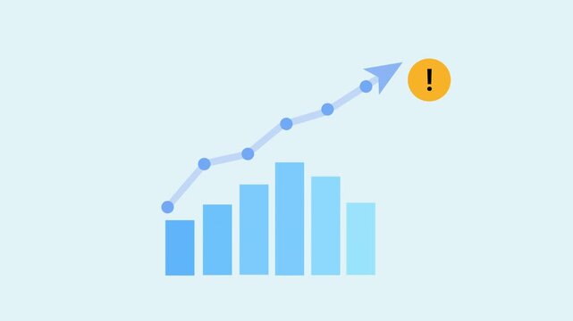Animated data syncing transitioning into warning state with rising chart and alert icon on clean background, representing risk, issue detection, or unstable process.