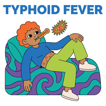 A cartoon character illustrates typhoid fever symptoms, emphasizing medical health and disease awareness for healthcare information