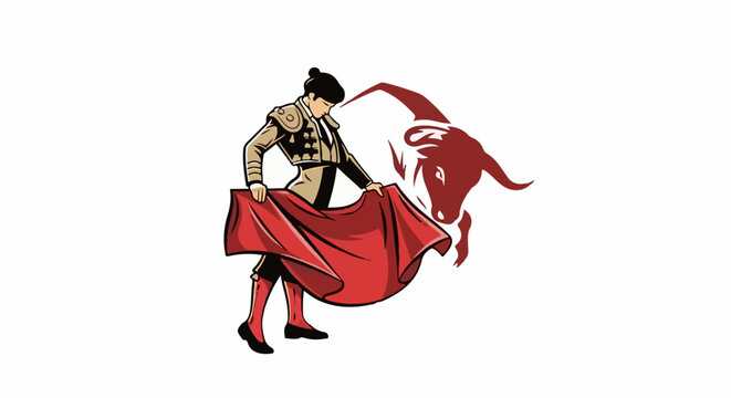 Matador confronting a bull with a red cape, illustration