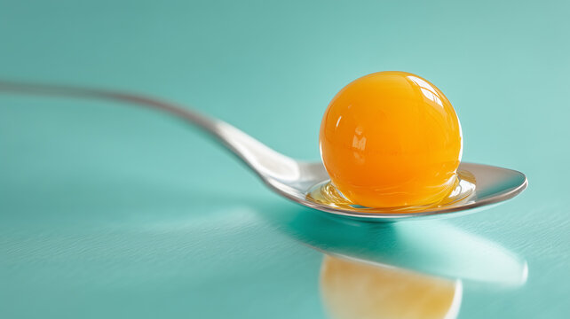 A single, bright orange mango sphere created via molecular gastronomy, resting on a silver spoon against a clean turquoise background.
